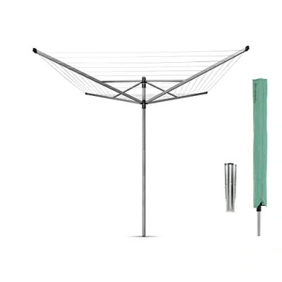Imagen de Brabantia Tendedero Rotary Lift O Matic con Soporte para jardín Ajustarlo fácilmente a tu Altura Cuerdas resisitentes los Rayos UV Antideslizantes Metallic Gris 60m