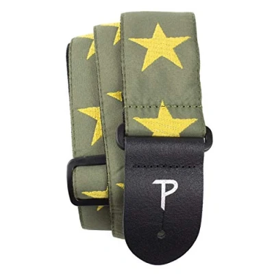 Imagen de Perri&#039;s Leathers Ltd. Correa de guitarra Nylon Jacquard Estrellas Amarillas/Verdes Ajustable Para guitarras acústicas/bajas/eléctricas Fabricada en Canadá (TWS 7070)
