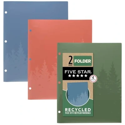Imagen de Five Star Carpeta de 2 bolsillos, paquete 4, carpetas plástico reciclado con pestañas que se mantienen en su lugar y cierres puntas, adapta a 3 anillas, capacidad para papel