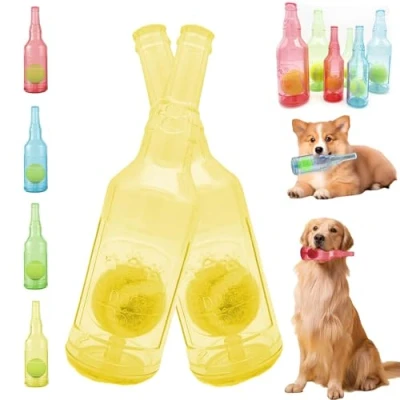 Imagen de Crunch Play bottle toy, Crunchnplay Toy for Dogs, 9.7&quot;/7.7&quot; Rubber water Dog Interesting Squeaky Toys, Outdoor Interactive Chew with Tennis Ball (2*Yellow,large)