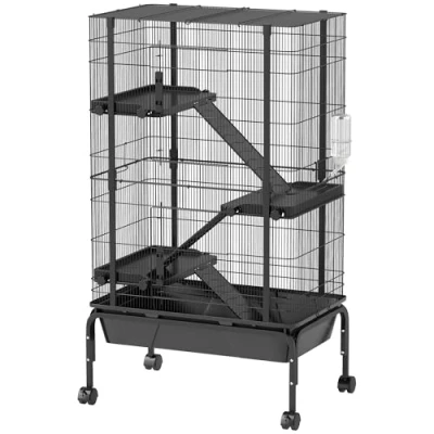 Imagen de PawHut Jaula para Animales Pequeños de 4 Niveles Roedores con Ruedas Rampas Cuenco Botella Agua y Bandeja Extraíble Recinto Conejos Chinchillas Hurones 69x44x120 cm Negro