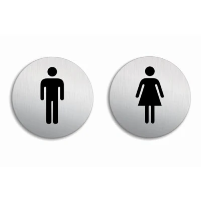 Imagen de Senales Baño Aseos WC Mujeres y Hombres Conjunto de 2 Ø 100 mm Cartel Placa Aluminio cepillado adhesivo