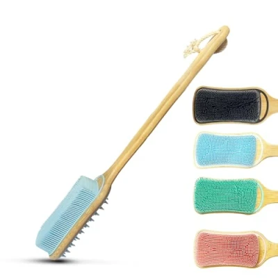 Imagen de Rexzono limpiador de espalda silicona para ducha, exfoliante corporal, cepillo baño mango largo, lufa silicona, corporal ducha (negro)