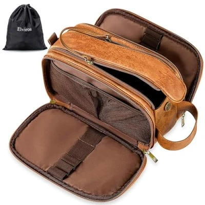 Imagen de Elviros Neceser de Viaje para Hombre, Bolsa Aseo Grande Impermeable PU, Maquillaje Organizador Mujer, Portáti Gran Capacidad Dopp Kit, Marrón, 30,5 x 17 18 cm