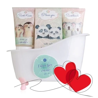 Imagen de Accentra I Love You Set de baño y Ducha con Aroma a Vainilla, Regalo para Mujeres Relajarse en su cumpleaños, Navidad Cuidado Bienestar 5 Piezas bañera Decorativa