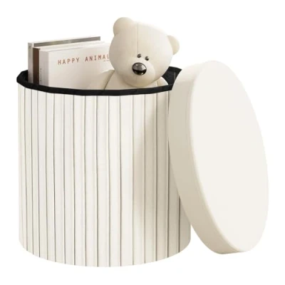 Imagen de WOLTU Taburete Puff, Otomano Plegable de Almacenaje, Almacenaje 30 L, Reposapiés en Terciopelo para Cama y Sofá, φ38x36 cm, Crema, SH89cm