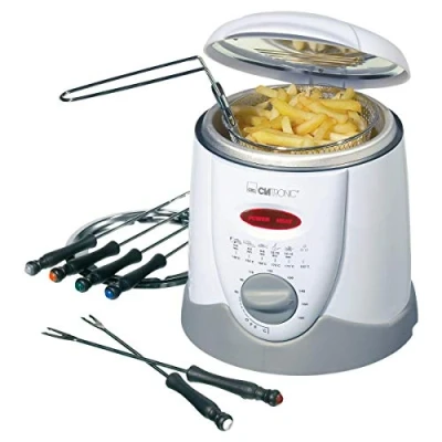 Imagen de Freidora fondue Clatronic FFR 2916 Capacidad: 1 litro de aceite/grasa Termostato regulable sin escalonamientos 6 tenedores Filtro olores y vapores grasa reemplazableBlanco/gris
