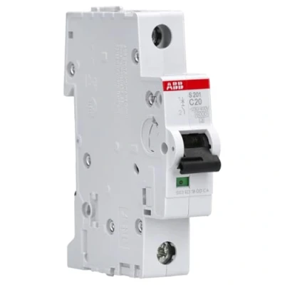 Imagen de Interruptor automático S201 C20, 1P, curva tipo C, 20 A, capacidad de corte máxima 6 kA a 230/400 VAC (Referencia: ABB 2CDS251001R0204), blanco y rojo