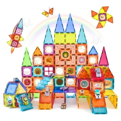 Imagen de CUIOLTOY Bloques de Construcción Magnéticos 120 Piezas Construcciones Magneticas Niños con 20 Coches Fricción, 3D Juguetes Regalo Cumpleaños Navidad para Ninos 3 4 5 6 7 8 Anos