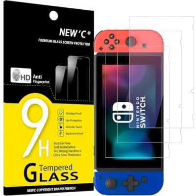 Imagen de NEW&#039;C 3 Piezas, Protector Pantalla para Nintendo Switch, Cristal templado Antiarañazos, Antihuellas, Sin Burbujas, Dureza 9H, 0.33 mm Ultra Transparente, Resistente