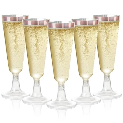 Imagen de MATANA 24 Copas de Champán Plástico con Borde Oro Rosa, 150ml Flautas Vasos Reutilizables y Resistentes para Cócteles, Postres Bodas, Cumpleaños, Fiestas