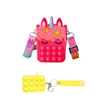 Imagen de 2 en 1 Bolso Unicornio Antiestrés + Llavero Monedero con Pompas de Silicona. Bandolera Niña Correa Ajustable, Aro Metálico y Mosquetón para Colgar Mochilas, Cinturones Bolsos. Regalo.