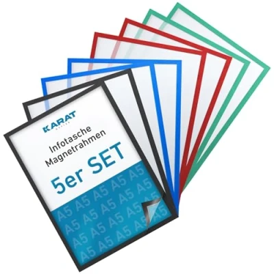 Imagen de KARAT Juego de 5 marcos magnéticos DIN A5 para dibujos infantiles, soporte documentos, bolsillo información, marco magnético carteles oferta, hojas,