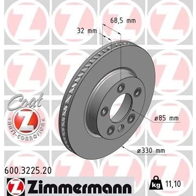 Imagen de ZIMMERMANN COAT Z 600.3225.20 Disco de freno 330 32 6/5 5 130 ventilación interna revestido altamente carbonizado PORSCHE: Cayenne
