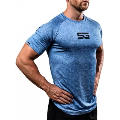 Imagen de Satire Gym Camiseta Ajustada Fitness Hombres/Ropa Deportiva de Secado rápido Hombre Apta como Culturismo y Gimnasio Entrenamientos (Azul Moteado, L)