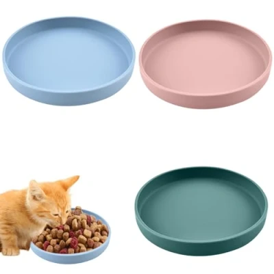 Imagen de 3 cuencos para gatos, comedero tricolor, de silicona 18 cm, comida seca y húmeda (verde oscuro, rosa claro, azul nórdico)