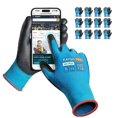Imagen de KAYGO 12 pares de guantes trabajo para hombres y mujeres, protección recubiertos PU, agarre antideslizante en palmas dedos, trabajos generales (Azul Touchscreen, talla 7)