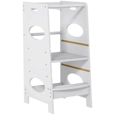 Imagen de HOMCOM Torre de Aprendizaje Madera para Niños Taburete Cocina Infantil con Pedal Altura Ajustable en 3 Posiciones y Barra Seguridad 40x50x90 cm Gris