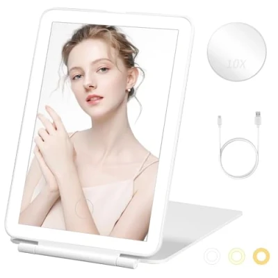 Imagen de Espejo con Luz,USB Recargable Maquillaje Luz, Vanity Mirror,Espejo Aumento 10X,de Tocador Viaje Portátil Luz Ajustable,Iluminación 3 Colores,Pantalla Táctil, Cosmético de Mesa