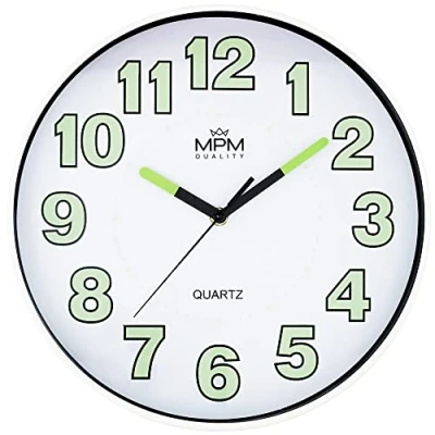 Imagen de MPM Quality Lumini reloj de pared con luminiscencia, movimiento cuarzo, color blanco y negro, decoración pared, diámetro 300 x 40 mm, redondo moderno para salón, cocina, oficina