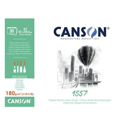 Imagen de Canson 1557, Papel de dibujo Blanco, Grando ligero, 180g, Encolados por el lado largo, A2 42x59,4cm, Extra 30 Hojas