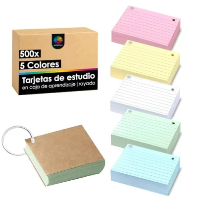 Imagen de OfficeTree 500x Tarjetas Estudio A8 5 Colores Flashcards con Anillo y Caja de Almacenamiento Fichas Cartulina Rayas Vocabulario para Exámenes Revision Cards