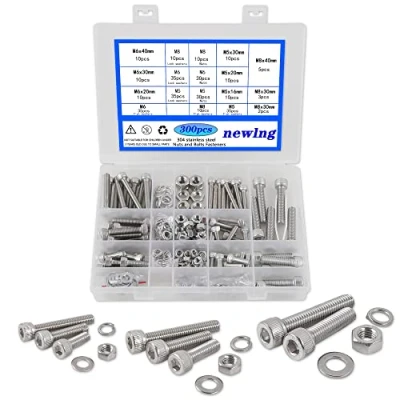 Imagen de newlng M5 M6 M8 Juego de Tornillos y Tuercas Arandelas Surtido Cabeza Hueca Hexagonal Acero Inoxidable 304 Rosca Métrica Cilíndrica Kit 300 Piezas