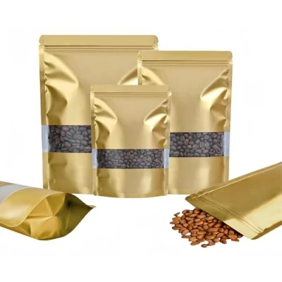Imagen de Rimiko 50 Piezas Bolsa Ziploc de Pie con Ventana, Embalaje Resellable Aluminio, Mylar Cierre para Almacenamiento Alimentos, Granos Café, Dulces (Dorado,16x24 cm)