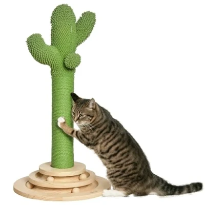 Imagen de PawHut Poste Rascador para Gatos en Forma de Cactus Pequeño Árbol con Sisal y Felpa Pelota Colgante Base Juego Madera 32x32x60 cm Verde