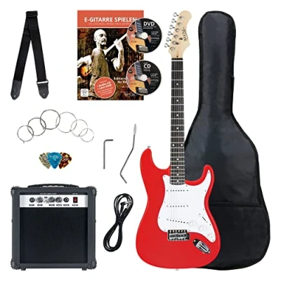 Imagen de Rocktile Banger&#039;s Pack Kit de Guitarra Eléctrica Completo electrica con 3 Single Coil pick up Juego amplificador, bolsa, correa, cuerdas repuesto y cable Rojo