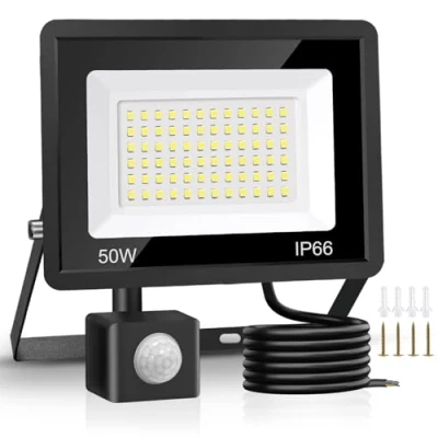 Imagen de Jsdoin Luces de seguridad 50 W Sensor movimiento para exteriores Luz PIR 4500 lúmenes Focos LED 6500 K IP66 impermeable exterior con cable 2 m