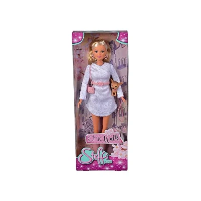 Imagen de STEFFI LOVE Simba 105733508 Chic Walk, muñeca con un Vestido de Moda, Pendientes, cinturón, Bolso y su Perro, Juego 29 cm, para niños a Partir 3 años