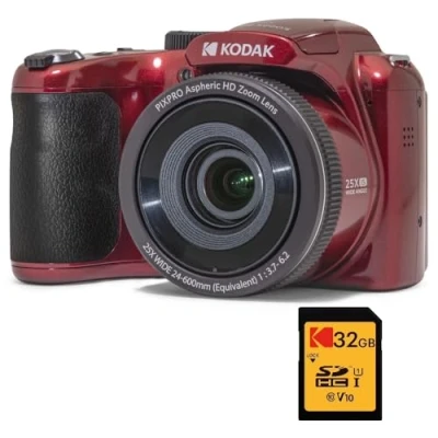 Imagen de KODAK Pixpro Astro Zoom AZ255 + Tarjeta de Memoria SD 32 GB Cámara Puente Digital 16 MP, 25X, Video HD 1080p, Gran Angular 24 mm, Pantalla LCD 3, Pila AA Rojo
