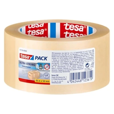Imagen de tesapack Cinta Adhesiva para Embalar, Sellar y Empaquetar, Resistente al envejecimiento desgarro, Extra fuerte sin disolventes, 66 m x 50 mm, Transparente
