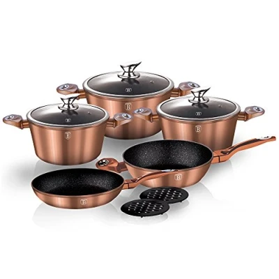 Imagen de Berlinger Haus Rose Gold Batería Cocina Inducción 10 Piezas, Antiadherente Mármol sin PFOA, Aluminio, Set 3 Cazuelas, Tapas Cristal, 2 Sartenes, Salva Manteles, Diseño Metallic Line, Vitrocerámica