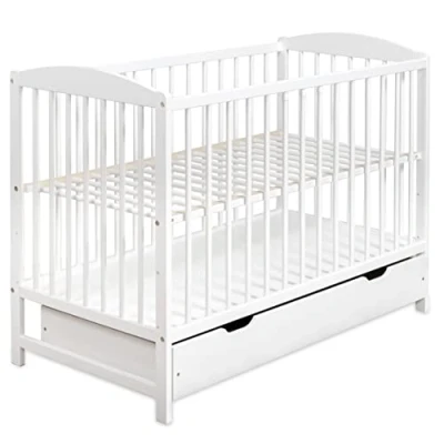 Imagen de Cuna Bebe con Cajón Madera Barandillas de Protección 60x120cm Regulable en Altura para Convertible Cama Infantil Niñas y Niños Blanco