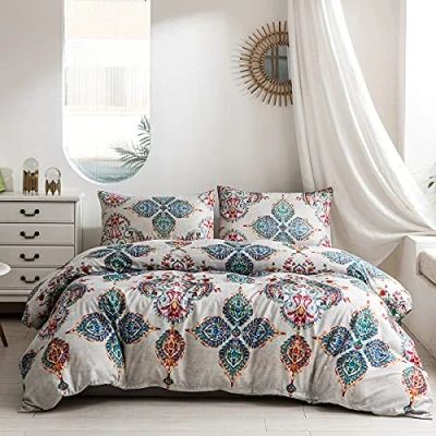 Imagen de Damier Ropa de cama bohemia 135 x 200 cm, turquesa, bohemio, mandala, funda edredón microfibra con cremallera oculta y almohada 80 cm