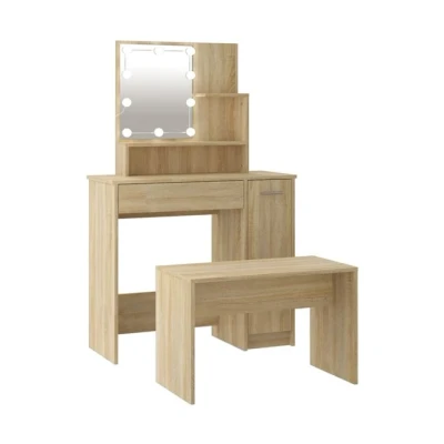 Imagen de vidaXL Juego de Tocador con LED Mesa Maquillaje Joyería Cosméticos Almacenamiento Taburete Dormitorio Madera Contrachapada Roble Sonoma