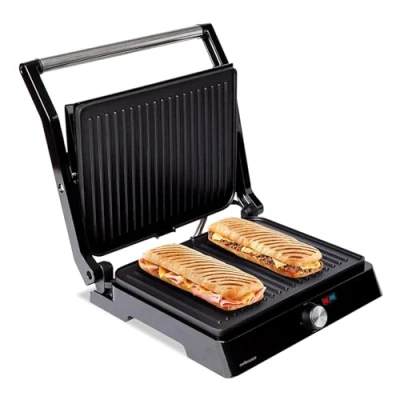 Imagen de Mellerware Parrilla Eléctrica Hotty!2200W, Revestimiento Antiadherente, Regulador Temperatura LED, Obertura 180º , Placas Adaptables, Superficie 29x46cm, Grill Acero Inoxidable, Libre PFOA,Multicolor