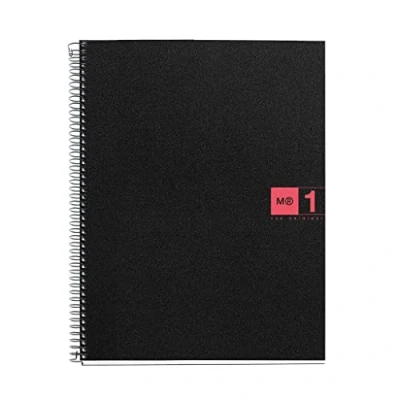 Imagen de Miquelrius Cuaderno Notebook The Original, Tamaño A4, 80 Hojas de 70 g/m² y 1 Franja Color, Rayado Cuadrícula 5 mm, 4 Taladros, Cubierta Polipropileno, Color Negro/Rojo