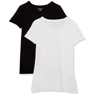 Imagen de Amazon Essentials Camiseta de Cuello Caja Manga Corta y Ajuste Clásico Mujer, Pack 2, Blanco/Negro, XL