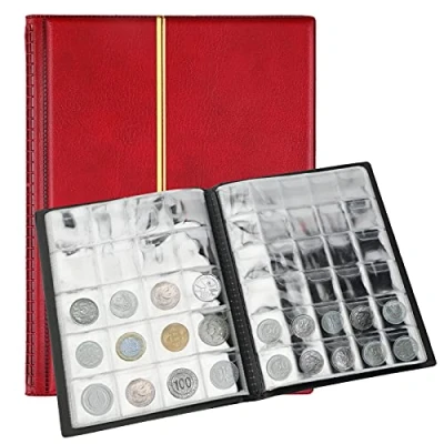 Imagen de SAVITA Álbum de Monedas 250 Bolsillos Libro Colección Cuero 10 Páginas Peniques para Coleccionistas (Rojo)