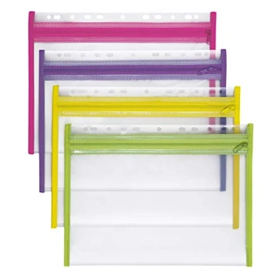 Imagen de VELOFLEX 4354000 Cubredocumentos con cremallera, 4 piezas, DIN A4, archivable, amarillo, verde, rosa, morado, VELOBAG XS, bolsillo cremallera