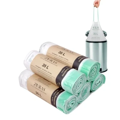 Imagen de ZURAS® bolsas de basura ecológicas 35 litros con cordón 100 compostables y biodegradables, certificadas probadas según DIN EN 13432, resistentes al desgarro e impermeables