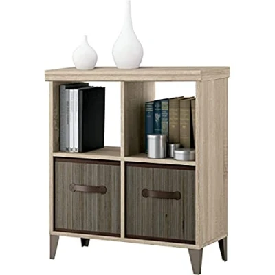 Imagen de MUEBLES PITARCH Nordik Estantería Baja Nordik, con Molduras Decorativas y Cestas de Bambú, 79 x 70 33 cm(Alto Ancho Profundo), Color Roble Cambrian