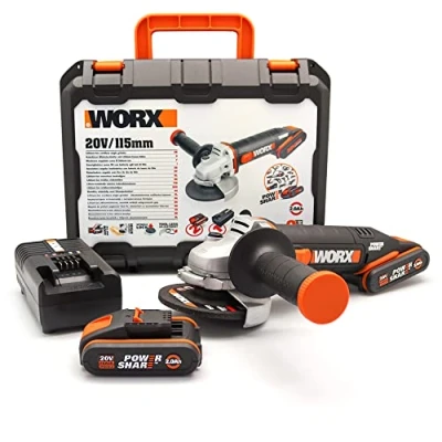 Imagen de Amoladora angular a batería 115mm 20V Máx. WORX PowerShare WX800 Incluye 2 baterías 2Ah, cargador y maletín Protector de disco Empuñadura ergonómica