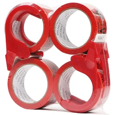 Imagen de QILIMA 48 mm x 66 m, 4 rollos de cinta universal preventiva embalaje, transporte y manipulación para envolver, precintar resistente a la abrasión los rayos UV con 2 dispensadores