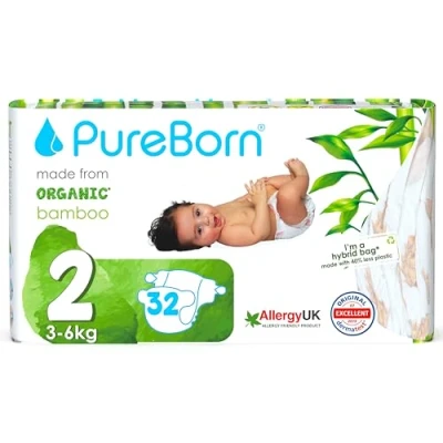 Imagen de PureBorn Pañales Bebé Ecológicos de Bambú, Talla 2 (3 6 kg), 32 piezas, Hipoalergénicos, Ultrasuaves, Estampado Surtido