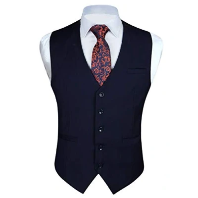 Imagen de Enlision Chaleco Vestir Azul Marino Hombre Elegante Chalecos Traje de Boda Color Liso Formal Negocio con Bolsillo 3XL