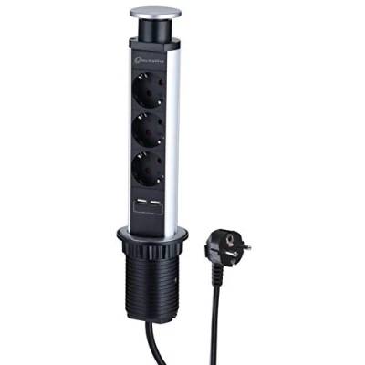 Imagen de Electraline 62557 Regleta Tower Base multiple para mesa empotrado con 3 Tomas schuko + 2 USB, Cable M, Enchufe Schuko, Aluminio